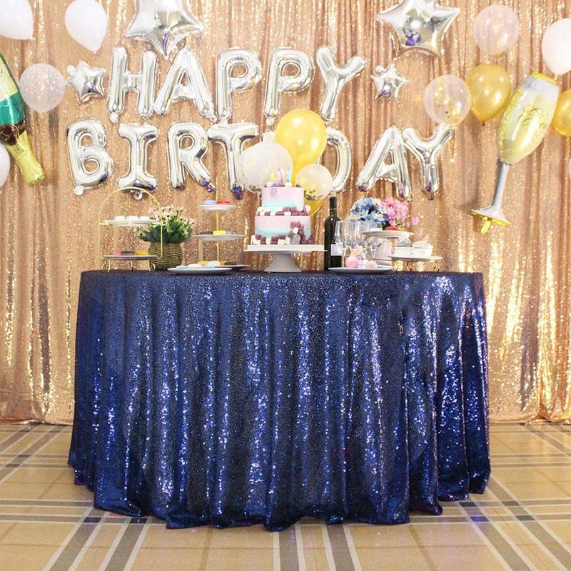 TCBESTO Navy Blue Sequin Tablecloth 120" Round Sparkly Table Cover Glitter Table Overlay for Party Dinner Festival Wedding Exhibition Dessert Table - Image 1